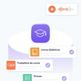 Ilustração mostrando quais conteúdos educacionais podem ser habilitados para voz usando tecnologia de texto para fala. No topo, um ícone de reprodução de áudio. Abaixo, um ícone de chapéu acadêmico e, em seguida, três ícones ao lado das entradas ""livros didáticos"", ""trabalhos de curso"", e ""provas"".